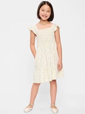 Old Navy Cream Dress with Blue Floral Print and Ruffle Cap Sleeves